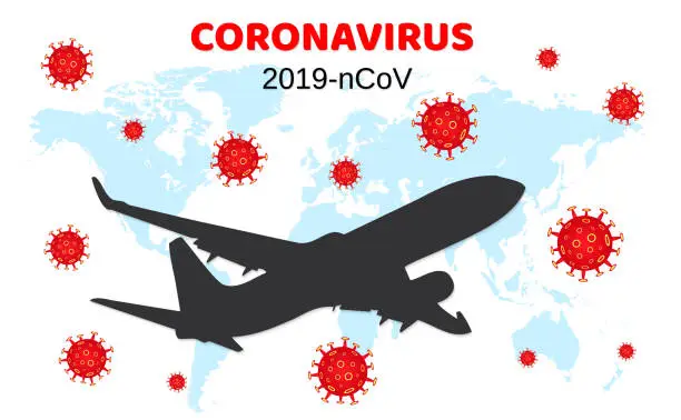 Vector illustration of Dangerous COVID-19. Novel coronavirus 2019-nCoV. Airplane flying. Pandemic medical health risk. Vector illustration