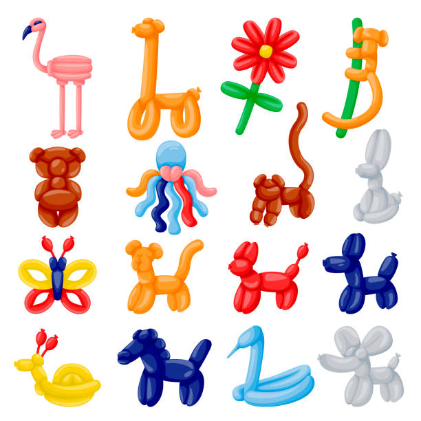 ilustrações, clipart, desenhos animados e ícones de esculturas de animais feitas de balões de ar. ícones de brinquedos, isolados em fundo branco. ilustração de desenho animado vetorial - sculpture