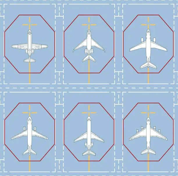 Vector illustration of seamless pattern with passenger airplanes on the parking apron
