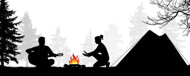 Camping in the forest with a tent. Young couple by the fire. Man plays the guitar. Girl warms his hands by the fire. Romantic evening. Silhouette vector illustration Camping in the forest with a tent. Young couple by the fire. Man plays the guitar. Girl warms his hands by the fire. Romantic evening. Silhouette vector illustration warms stock illustrations