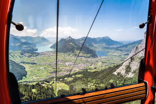 Aerial cableway to the Rotenflue, in the background Lake Lucerne and Lake Lauerz, on the right side the big Mythen, Canton Schwyz, Switzerland