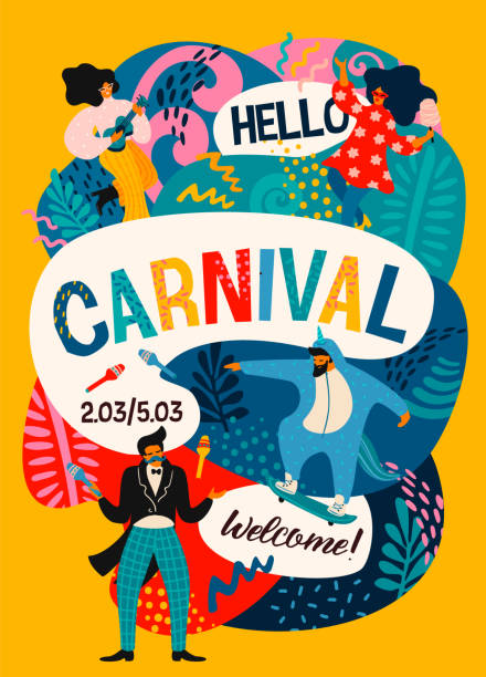 ilustraciones, imágenes clip art, dibujos animados e iconos de stock de hola carnaval. cartel vectorial con divertidos hombres y mujeres bailando en trajes modernos brillantes. - traditional festival juggling women performer