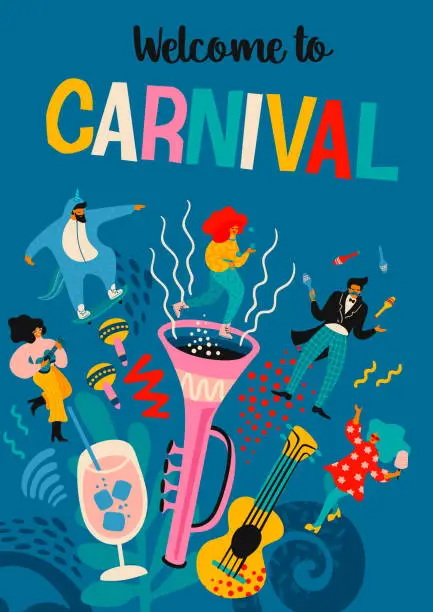Vector illustration of Carnival. Vector illustration with funny men and women in bright modern costumes.