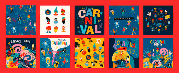 Hello Carnival. Vector set of illustrations for carnival concept and other use. Hello Carnival. Vector set of illustrations with funny dancing men and women in bright modern costumes, carnival objects and abstract shapes. Design element for poster, cars, banner and other use. poster illustrations stock illustrations