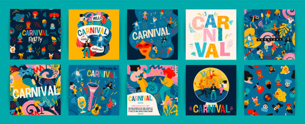 ilustraciones, imágenes clip art, dibujos animados e iconos de stock de hola carnaval. conjunto vectorial de ilustraciones para el concepto de carnaval y otros usos. - traditional festival juggling women performer