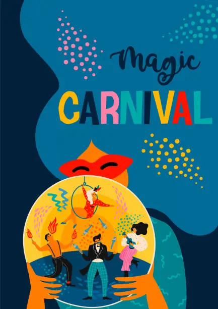 Vector illustration of Carnival. Vector illustration with funny men and women in bright modern costumes.