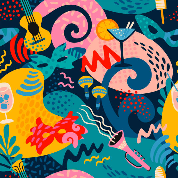 ilustrações de stock, clip art, desenhos animados e ícones de vector seamless pattern with carnival objects and abstract shapes. - mardi gras illustrations