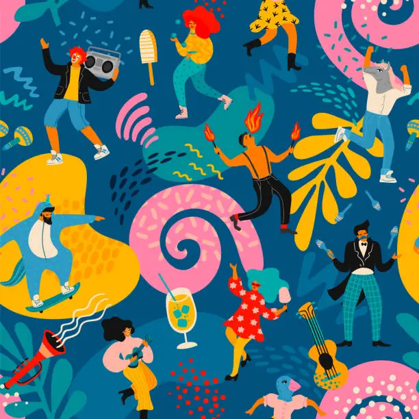 Vector illustration of Vector seamless pattern with funny dancing men and women in bright modern costumes.