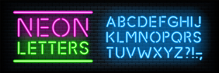 Neon glowing light letters font set collection vector
