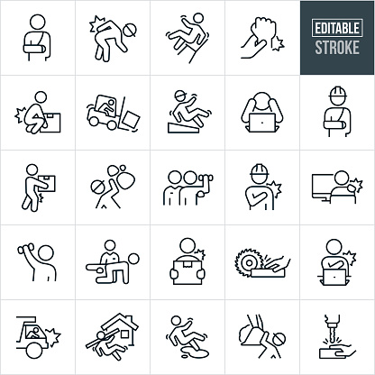 A set of workplace injury icons that include editable strokes or outlines using the EPS vector file. The icons include a worker with a broken arm, worker wearing hardhat and hurting back while bending over, person falling back on work chair, wrist injury, person hurting back while lifting, worker crashing forklift, worker slipping and falling, worker in rock slide, worker with shoulder injury, worker at computer suffering from stiff muscles, rehabilitation after injury, hand being cut by saw on job-site, dump truck driver crashing, construction worker falling on job-site, person slipping and falling on liquid, construction worker being hit by heavy machinery and a person getting hand injured in drill press.