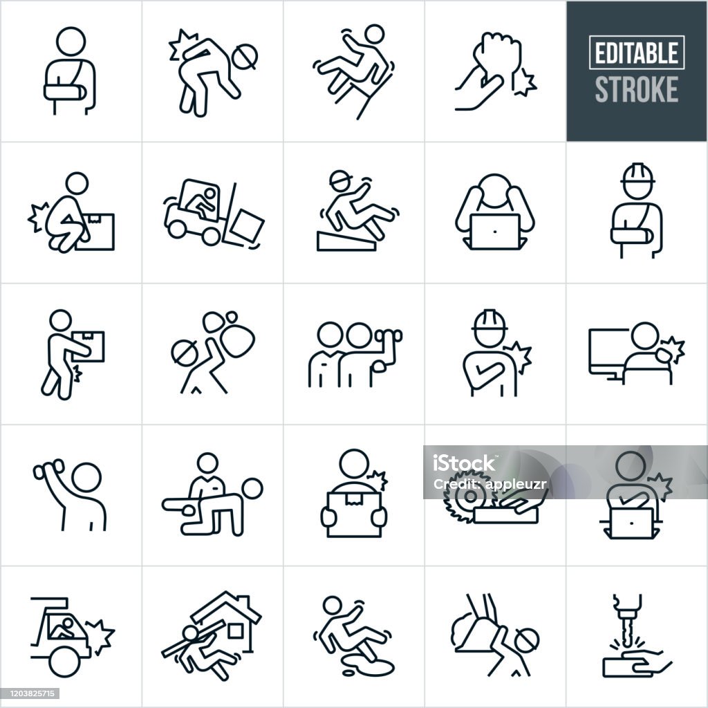 Workplace Injury Thin Line Icons - Editable Stroke A set of workplace injury icons that include editable strokes or outlines using the EPS vector file. The icons include a worker with a broken arm, worker wearing hardhat and hurting back while bending over, person falling back on work chair, wrist injury, person hurting back while lifting, worker crashing forklift, worker slipping and falling, worker in rock slide, worker with shoulder injury, worker at computer suffering from stiff muscles, rehabilitation after injury, hand being cut by saw on job-site, dump truck driver crashing, construction worker falling on job-site, person slipping and falling on liquid, construction worker being hit by heavy machinery and a person getting hand injured in drill press. Icon stock vector