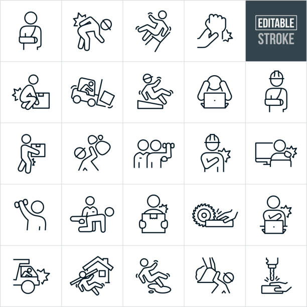 Workplace Injury Thin Line Icons - Editable Stroke A set of workplace injury icons that include editable strokes or outlines using the EPS vector file. The icons include a worker with a broken arm, worker wearing hardhat and hurting back while bending over, person falling back on work chair, wrist injury, person hurting back while lifting, worker crashing forklift, worker slipping and falling, worker in rock slide, worker with shoulder injury, worker at computer suffering from stiff muscles, rehabilitation after injury, hand being cut by saw on job-site, dump truck driver crashing, construction worker falling on job-site, person slipping and falling on liquid, construction worker being hit by heavy machinery and a person getting hand injured in drill press. construction worker illustrations stock illustrations