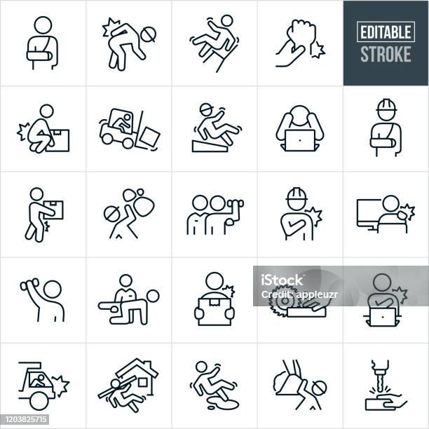 Workplace Injury Thin Line Icons Editable Stroke Stock Illustration - Download Image Now - Icon, Crash, Misfortune