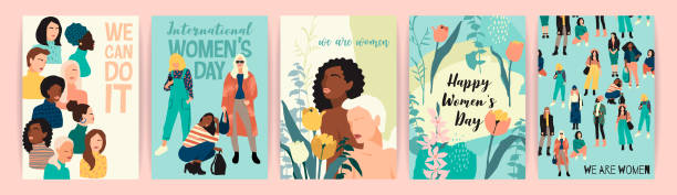 Vector set of illustrations with abstract women with different skin colors. International Womens Day. Struggle for freedom, independence, equality. Vector set of illustrations with abstract women with different skin colors. International Womens Day. Struggle for freedom, independence, equality. Lifestyle, street fashion. magazine cover illustrations stock illustrations