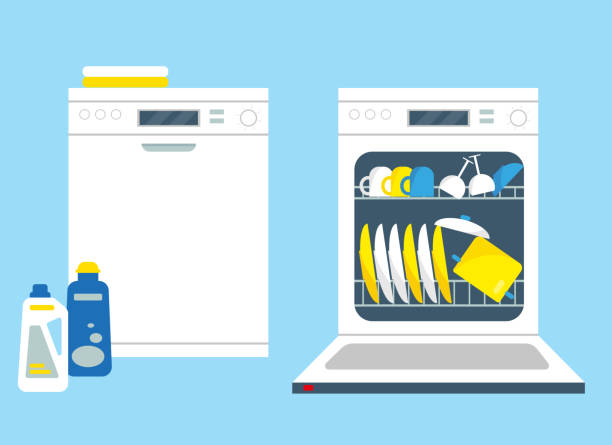 bildbanksillustrationer, clip art samt tecknat material och ikoner med förslutna och öppna diskmaskinsmaskiner med rengöring och disk. köksutrustning vektor illustration. - diskmaskin illustrationer