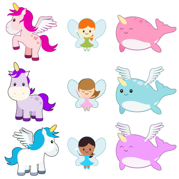 Magical Creature Illustrations on a White Backdrop Cute, colorful, isolated fantasy creature illustrations on a white background. pony wings stock illustrations