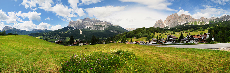 Panoramic view of the Cortina d'Ampezzo valley with the Tofane Group on the left and the Cristallo Group on the right. Sexten Dolomites, Belluno. Italy.