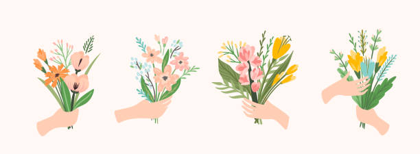ilustraciones, imágenes clip art, dibujos animados e iconos de stock de ilustraciones vectoriales ramos de flores en las manos. plantilla de diseño - hand holding flowers