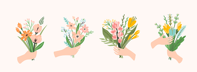 Vector illustration bouquets of flowers in hands. Design template for card, poster, flyer and other users