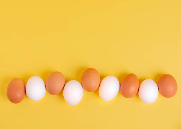istock Easter concept. White and brown eggs on a yellow background. Copy spase, top veiw 1203830131