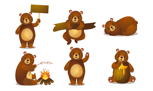 Set of isolated hand drawn cute funny brown bear animals doing everyday things over white background vector illustration. Happy children books illustrations concept