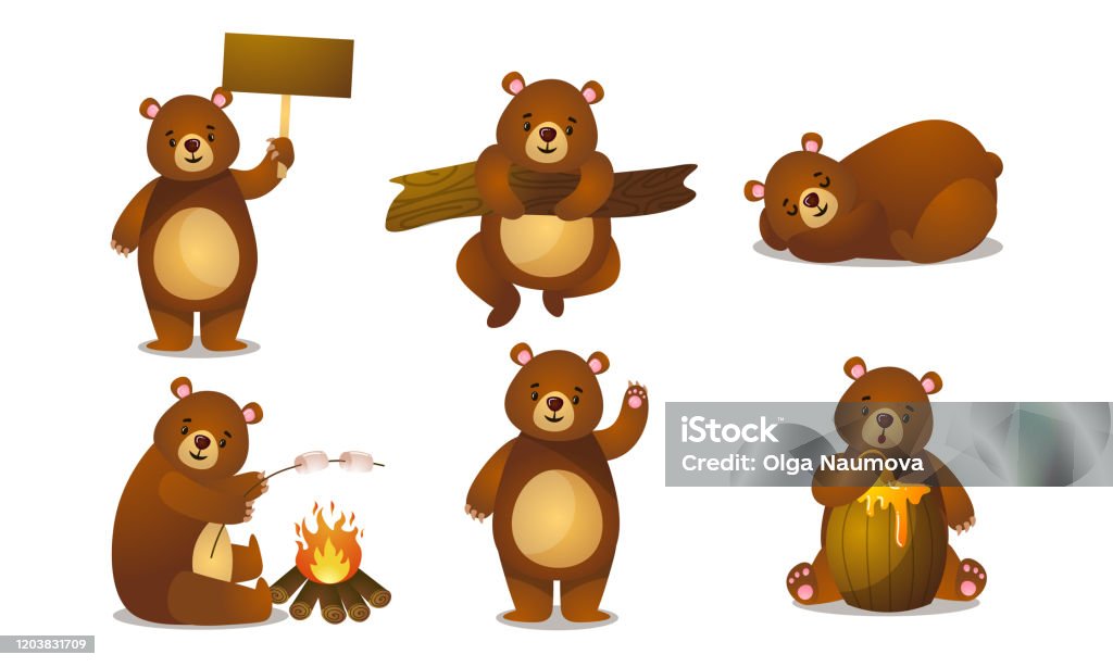 Cute Funny Brown Bear Animals Doing Everyday Things Vector Illustration  Stock Illustration - Download Image Now - iStock