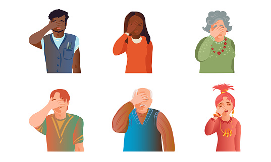 Set of isolated hand drawn young and old men and women expressing headache, grief, despair, frustration over white background vector illustration. Emotions diversity concept