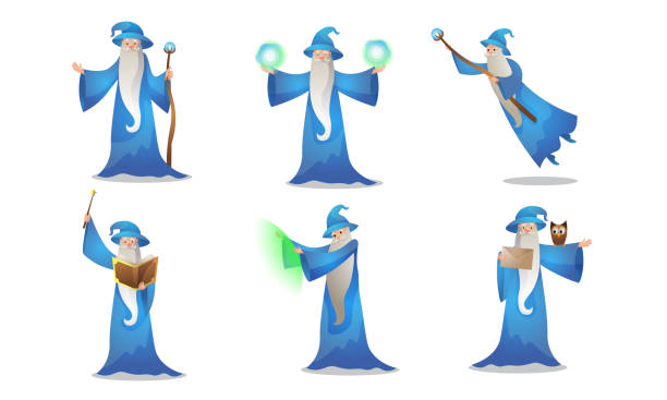 Set of colorful wizard character in different action situations. Vector illustration in flat cartoon style. Collection set of old wizard making magic in mantle and hat with the wand, pot, and book on white background. Male witchcraft, medieval sorcerer merlin practicing. Colorful vector isolated icons set wizard stock illustrations