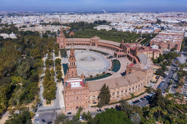 aerial view of Plaza De Espana Sevilla Sevilla/Spain-03.10.2019: aerial view of Plaza De Espana Sevilla el alcazar palace seville stock pictures, royalty-free photos & images