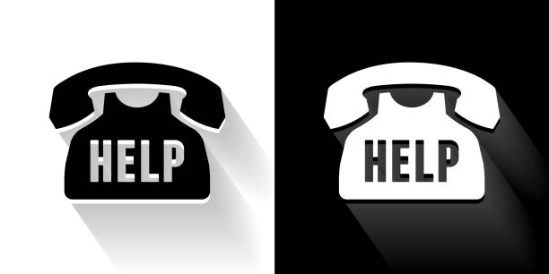 ilustrações de stock, clip art, desenhos animados e ícones de help phoneline black and white icon with long shadow - phoneline