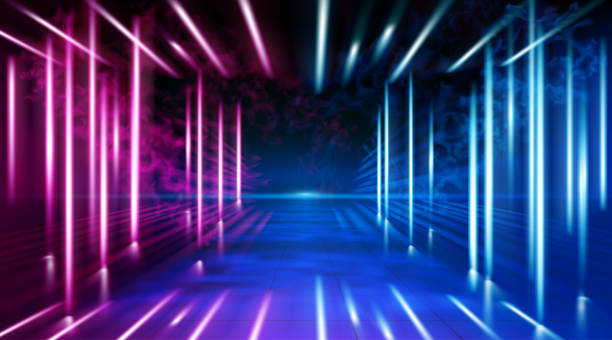 istock A neon corridor tending to the horizon, a clear night sky without clouds and a lone star, the reflection of light on the surface of stone earth. Smoke fog. The road to the horizon. Vector. 1203835064
