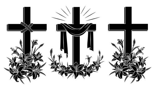 illustrations, cliparts, dessins animés et icônes de croix avec des lis. symbole religieux de pâques - engraved image religion christianity catholicism