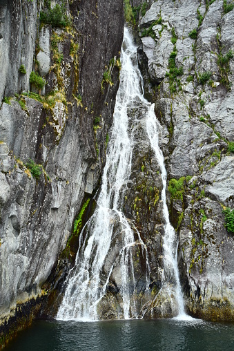 Waterfalls feed into the Northwestern Fjord in Kenai Fjord National Park, Alaska.