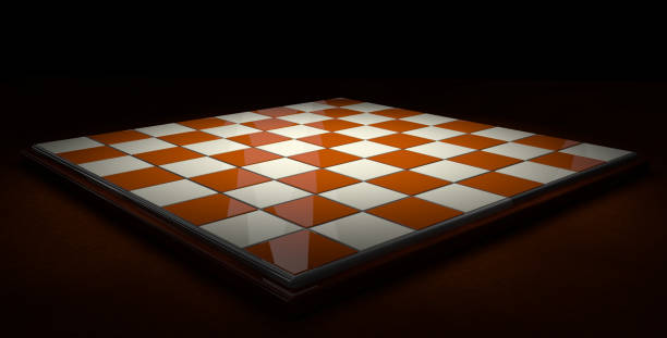 黒い背景に暗い茶色の表面に茶色と白の正方形を持つ空のチェスボード。3dイラストレーション - chess mate ストックフォトと画像