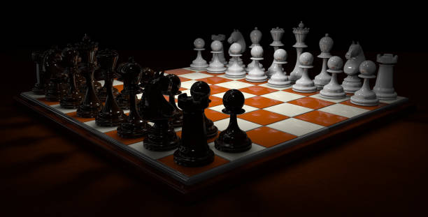 istock Chess board with bright brown and white squares with black and white pieces on a dark brown surface on a black background. 3D Illustration 1203841645