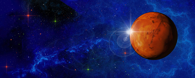 Panoramic Space Scene - Mars , Nebula, Lens Flare, Colorful Star Field - very large image, useful for websites and banners. Elements of this image furnished by NASA.  Source: https://solarsystem.nasa.gov/resources/683/valles-marineris-the-grand-canyon-of-mars/?category=planets_mars