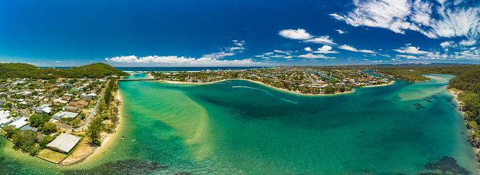 Aerial drone view of Tallebudgera Creek and beach on the Gold Coast, Queensland, Australia