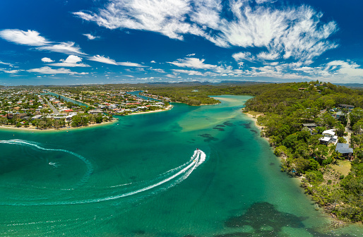 Aerial drone view of Tallebudgera Creek and beach on the Gold Coast, Queensland, Australia