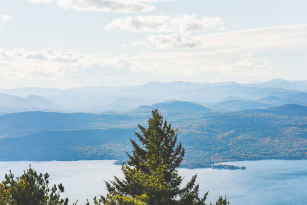 Lake George and the Tall Evergreen stock photo