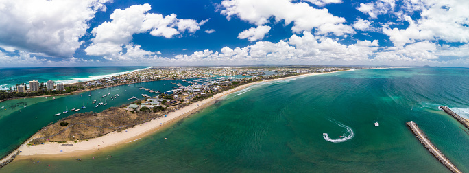 Drone view of famous Mooloolaba beach and marina on sunny day