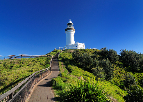 Wonderful White Cape Byron Lighthouse At Cape Byron Contrasting With A Clear Blue Sky