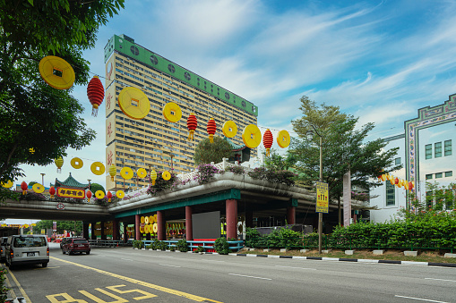 Singapore. January 2020.   A view of  an old skyscraper in Chinatown neighboorhood