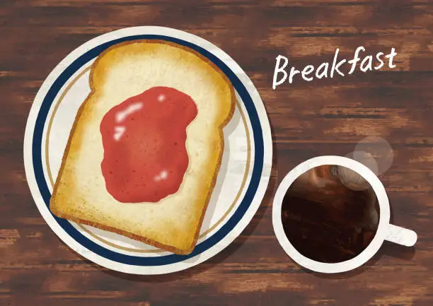 Vector illustration of Jam toast and coffee watercolor