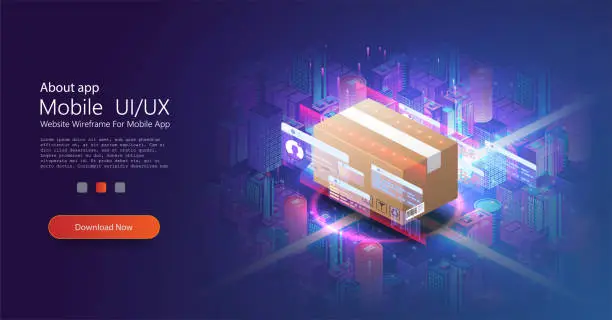Vector illustration of The concept of automatic logistics management. Cardboard box. Futuristic Warehouse equipment, parcel scanning, automatic dispatch. Logistics business. Delivery. Innovative smart city neon isometric