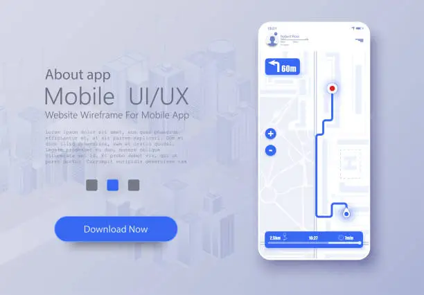 Vector illustration of Material Design UI, UX Screen, flat web icons for mobile apps. Dashboard theme creative infographic of city map navigation. Mobile navigation. GPS navigator, route map application.