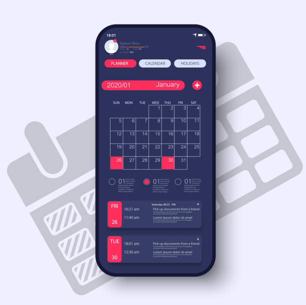 Calendar 2020, organizer  Concept UI, UX, GUI screens and flat web icons for mobile apps, responsive app. Calendar 2020, organizer  Concept UI, UX, GUI screens phone calendar stock illustrations