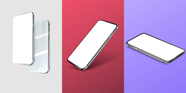 異なる位置に3つの携帯電話のレイアウト。現代の携帯電話の位置とトレンドの色の背景(赤、白、青)。プレゼンテーションやモックアップに適しています。3d. ベクトルのイラスト - different angles点のイラスト素材／クリップアート素材／マンガ素材／アイコン素材