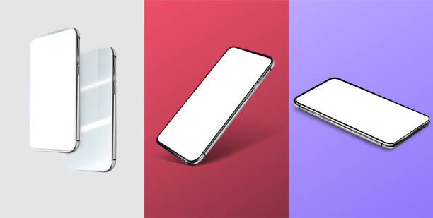 Three mobile phone layouts, in different positions. Modern phone positions and trending color backgrounds (Red, white, blue). Well suited for your presentations and mockups. 3D. Vector illustration Three mobile phone layouts, in different positions. Modern phone positions and trending color backgrounds mobile phone isolated stock illustrations