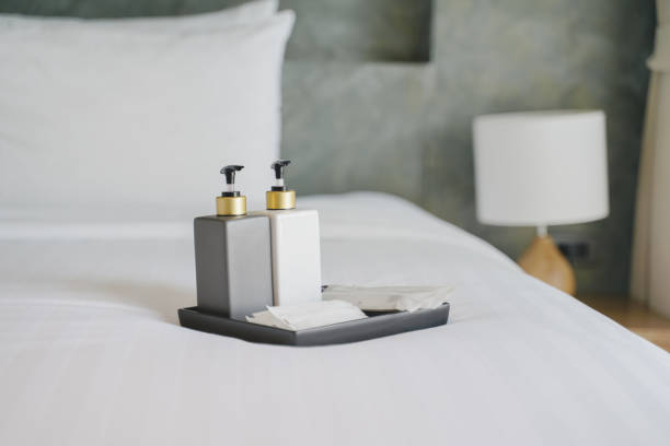 istock set of bathroom accessories on white bed in hotel 1203852771