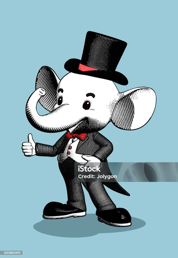 Vintage Elephant Cartoon Character On Blue Bg Stock Illustration - Download  Image Now - Elephant, Engraved Image, Engraving - iStock